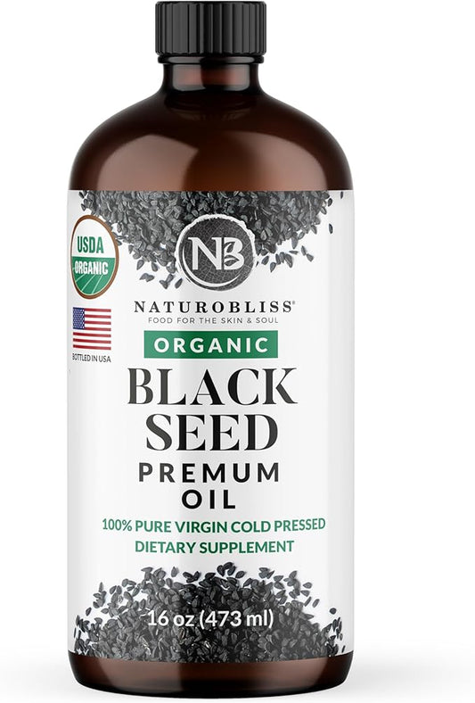 NaturoBliss Organic Black Seed Oil 100 Virgin Cold Pressed in Glass Bottle Omega 3 6 9 Super Antioxidant Immune Support Joints Mobility Digestion Hair Skin Vegan Gluten-Free NonGMO USDA Certified 16oz