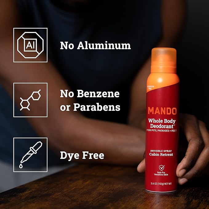 Mando Whole Body Deodorant For Men - Invisible Spray Deodorant - 72 Hour Odor Control - Low Irritation Formula - Aluminum Free, Benzene Free - 3.6 ounce Cans (Pack of 2) - Cabin Retreat