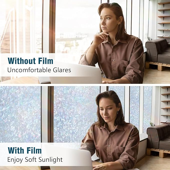 rabbitgoo Window Privacy Film Rainbow Film Decorative Window Sticker, 3D Static Stained Glass Cling Tint for Home Heat Control Non-Adhesive, Grayish Silver, 17.5 x 78.7 inches