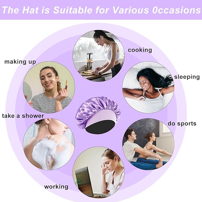 4Pcs Silk Hair Bonnets for Sleeping - Elastic Wide Band Satin Hair Wrap for Sleeping Black Women Men,Silk Bonnets for Curly Hair,Sleep Cap (Purple & Pink & Sapphire Blue & Black)