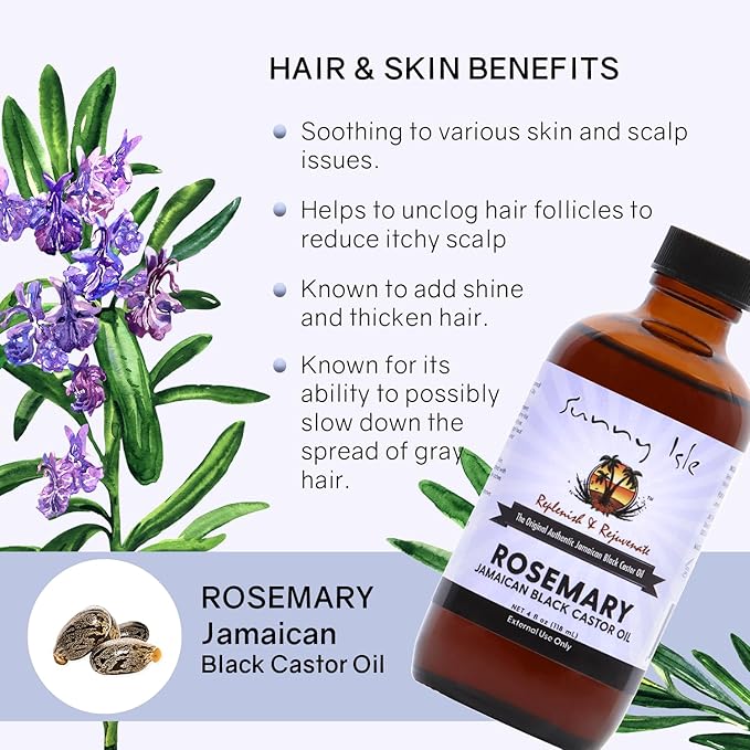 Sunny Isle Rosemary Jamaican Black Castor Oil 4oz | Hair Growth Treatment | For Scalp & Acne-Prone Skin | Hot Oil Application