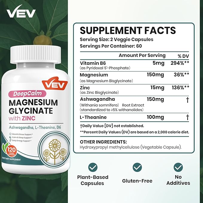 VEV DeepCalm Magnesium Glycinate and Zinc Supplement with Vitamin B6, Ashwagandha & L-Theanine – Cortisol Supplements for Daily Balance – 120 Vegan Capsules