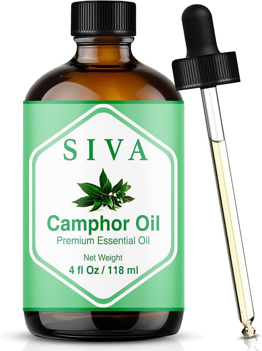 Siva Camphor Essential Oil - 4 Fl Oz – 100% Natural Camphor Oil - for Diffuser, Face, Skin Care, Aromatherapy, Hair Care, Scalp and Body Massage - with Dropper
