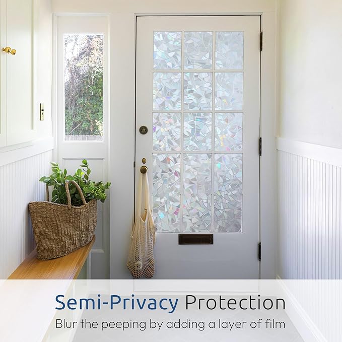 rabbitgoo Window Privacy Film Rainbow Film Decorative Window Sticker, 3D Static Stained Glass Cling Tint for Home Heat Control Non-Adhesive, Grayish Silver, 11.8 x 78.7 inches