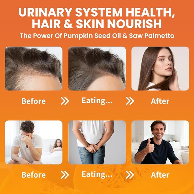 Pumpkin Seed Oil with Saw Palmetto Gummies, Organic Pumpkin Seed Oil Supplement for Hair Growth, Prostate Health, Bladder &Urinary Tract Support, High Pure Extract for Adults, Orange Flavor, 120 Count