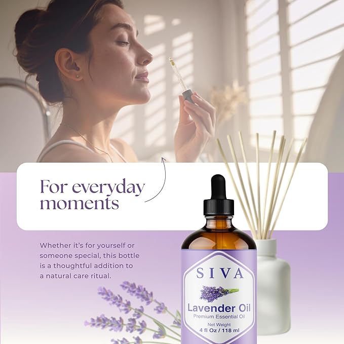 Siva Lavender Essential Oil - 4 Fl Oz – 100% Natural Lavender Oil - for Diffuser, Face, Skin Care, Aromatherapy, Hair Care, Scalp and Body Massage - with Dropper