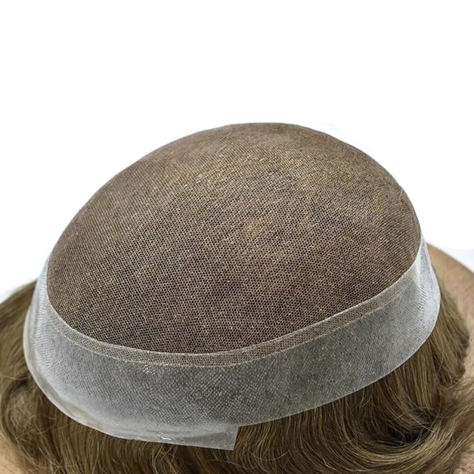 Toupee for Men French Lace Center Human Hair Replacement Systems Transparent Lace Center Hair Piece Mens Toupee Hair Units for Man V-Looped Front Male Hair Prosthesis 8"X10" 7ASH Light Ash Brown