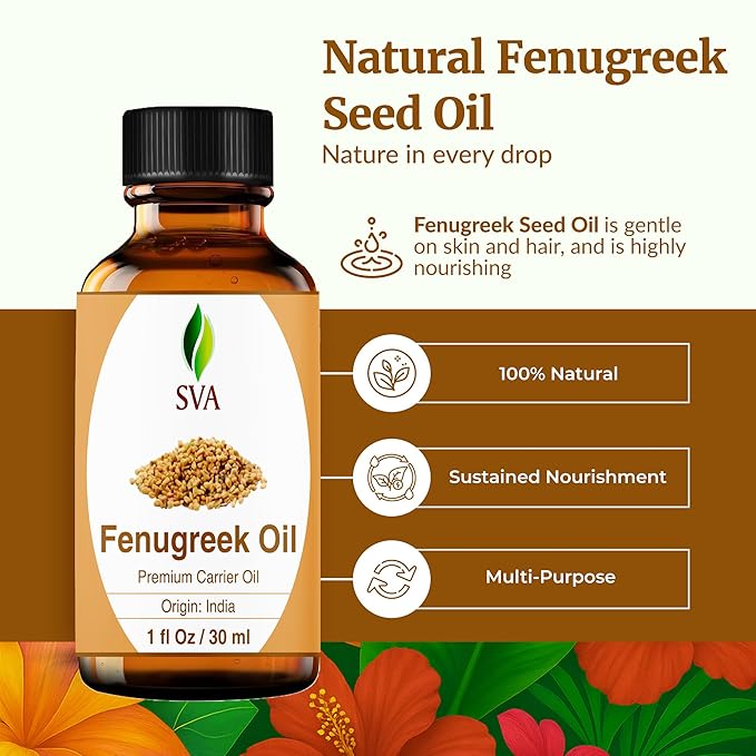 SVA Fenugreek Seed Oil - 1 Fl Oz – 100% Natural Cold Pressed Fenugreek Oil - for Face, Skin Care, Hair Care, Scalp Massage & Body Massage – Carrier Oil with Dropper