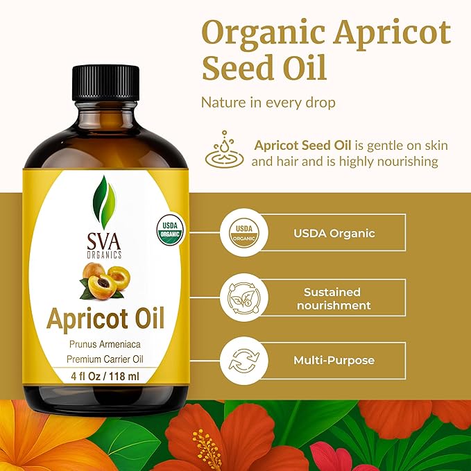 SVA Apricot Seed Oil Organic - 4 Fl Oz – 100% Natural Cold Pressed Organic Apricot Oil - for Face, Skin Care, Hair Care, Scalp Massage & Body Massage – Carrier Oil with Dropper
