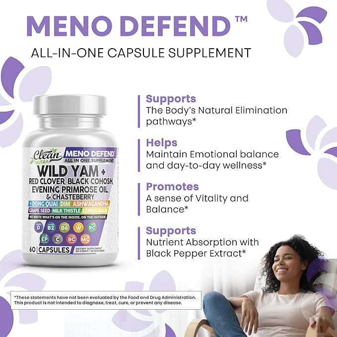 Clean Nutra Wild Yam Root Capsules with Red Clover Black Cohosh Evening Primrose Oil Chasteberry Dong Quai DIM Ashwagandha Grape Seed Extract Milk Thistle Lemon Balm and more Hormone Balance For Women
