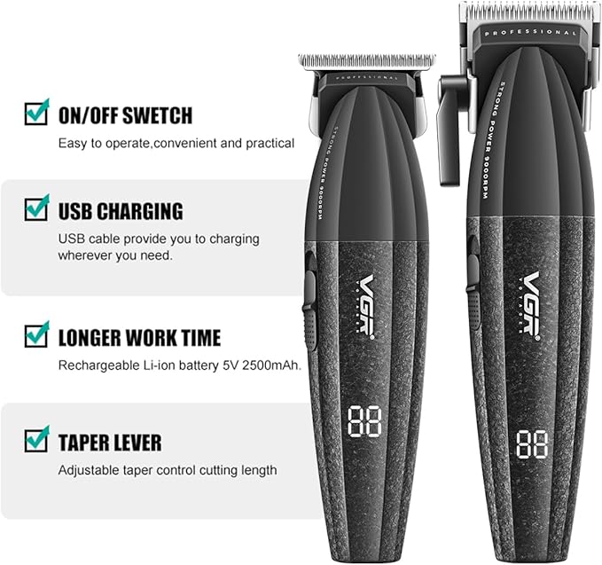 VGR 640 Professional Hair Clippers for Men, 9000RPM Cordless Barber Clippers and Trimmers Set, Zero Gap T-Blade Hair Cutting Kit, DLC Coated Ceramic Blade Barber Kit with LED Display(Black)