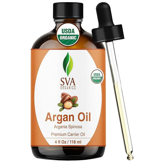 SVA Argan Oil Organic - 4 Fl Oz – 100% Natural Cold Pressed Organic Argan Oil - for Face, Skin Care, Hair Care, Scalp Massage & Body Massage – Carrier Oil with Dropper