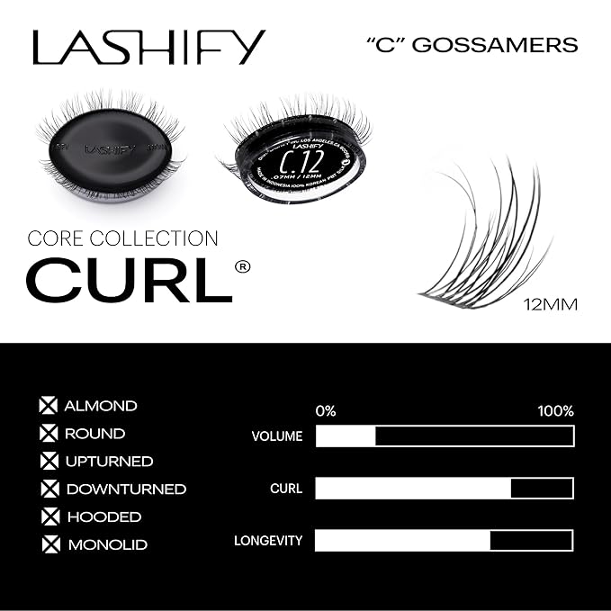 Lashify Curl 12mm Gossamer DIY Eyelash Extensions Refill, Black, Easy False Eyelashes for a Natural Look