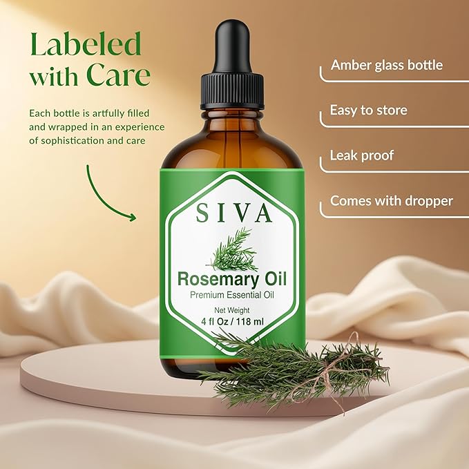 Siva Rosemary Essential Oil - 4 Fl Oz – 100% Natural Rosemary Oil - for Diffuser, Face, Skin Care, Aromatherapy, Hair Care, Scalp and Body Massage - with Dropper
