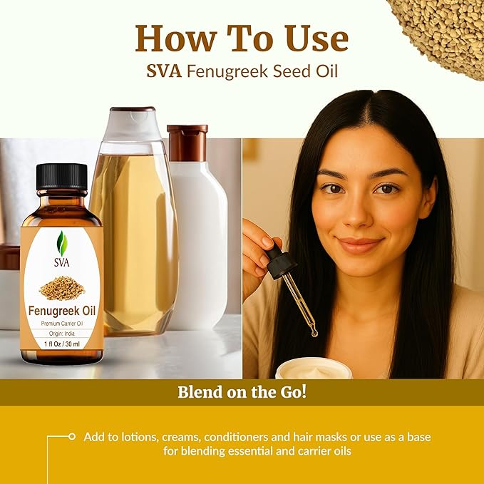 SVA Fenugreek Seed Oil - 1 Fl Oz – 100% Natural Cold Pressed Fenugreek Oil - for Face, Skin Care, Hair Care, Scalp Massage & Body Massage – Carrier Oil with Dropper