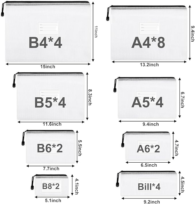 EOOUT 30pcs Mesh Zipper Pouch Bags, Waterproof, Plastic Zip File Document Folders, 8 Sizes Zipper Pouch for School Office Supplies Cosmetics and Board Game Storage