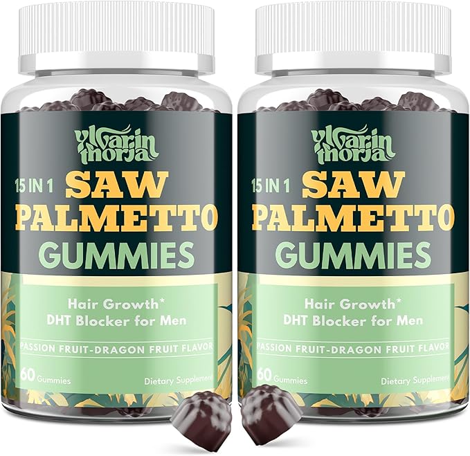 Saw Palmetto Gummies for Men – 600mg Extra Strength DHT Blocker with Biotin, Pumpkin Seed – Supports Prostate Function, Urinary Flow & Hair Regrowth Supplement, 60 Passionfruit-Dragonfruit Gummies