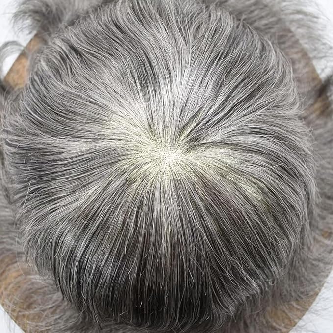 FACE MIRACLE Hair System for Men French Lace Mens Toupee Human Hair Replacement System Lace with PU Toupee for Men Male Hair Piece Wigs 6"X8" #1B60 Off Black with 60% Gray