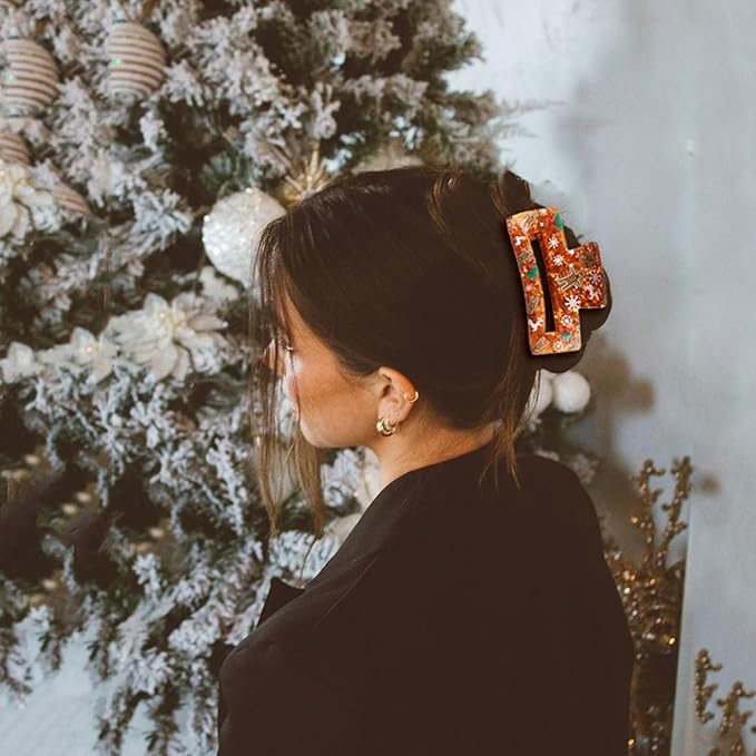 Christmas Hair Clips, Square Hair Claw Clips for Thick/Thin Hair, Orange-Red Glitter Gingerbread Man Snowflake Design Medium Claw Clips, Strong Hold & Non-Slip Hair Styling Accessories for Xmas 1PCS