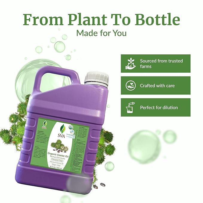 SVA Castor Seed Oi Organic - 32 Fl Oz – 100% Natural Cold Pressed Organic Castor Oil - for Face, Skin Care, Hair Care, Scalp Massage & Body Massage