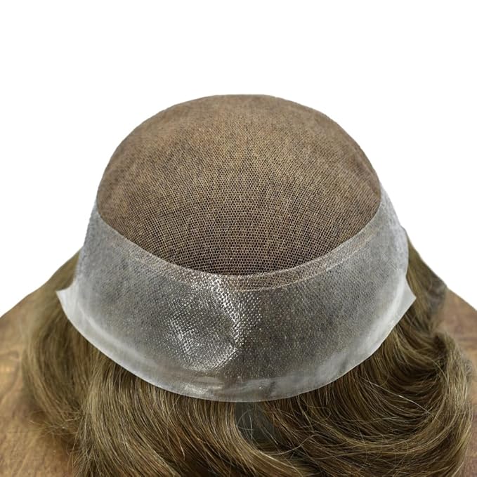 Mens Toupee Human Hair Piece French Lace Toupee for Man Hair System Indian Human Hair Replacement Systems V-Looped PU Front Hairpieces 7"X9" 17#DARK ASH BLONDE