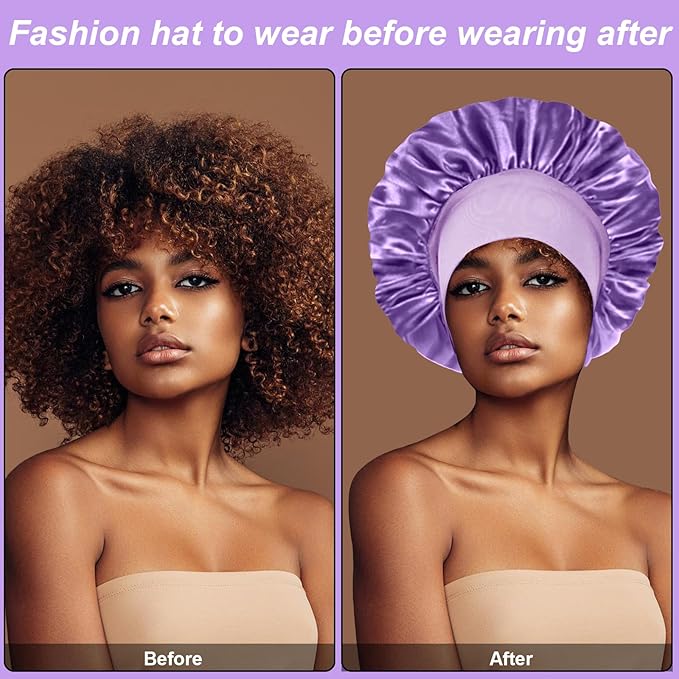 4Pcs Silk Hair Bonnets for Sleeping - Elastic Wide Band Satin Hair Wrap for Sleeping Black Women Men,Silk Bonnets for Curly Hair,Sleep Cap (Purple & Pink & Sapphire Blue & Black)