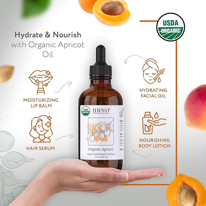 HBNO Organic Virgin Apricot Oil - 4 oz (120ml) Value Size - Ideal for Shampoos, Conditioners, Lip Balms, Face wash, Lotions, and Skin Care Products.