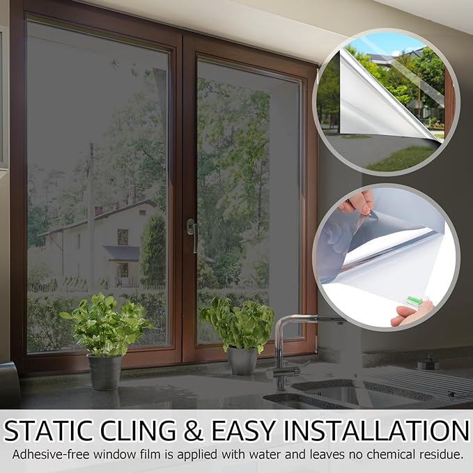 HIDBEA One Way Window Film, Daytime Privacy Sun Blocking Reflective Window Film No Glue Static Cling Heat Control Window Tinting Film for Home and Office, Black Silver, 35.4 x 196.8 Inch