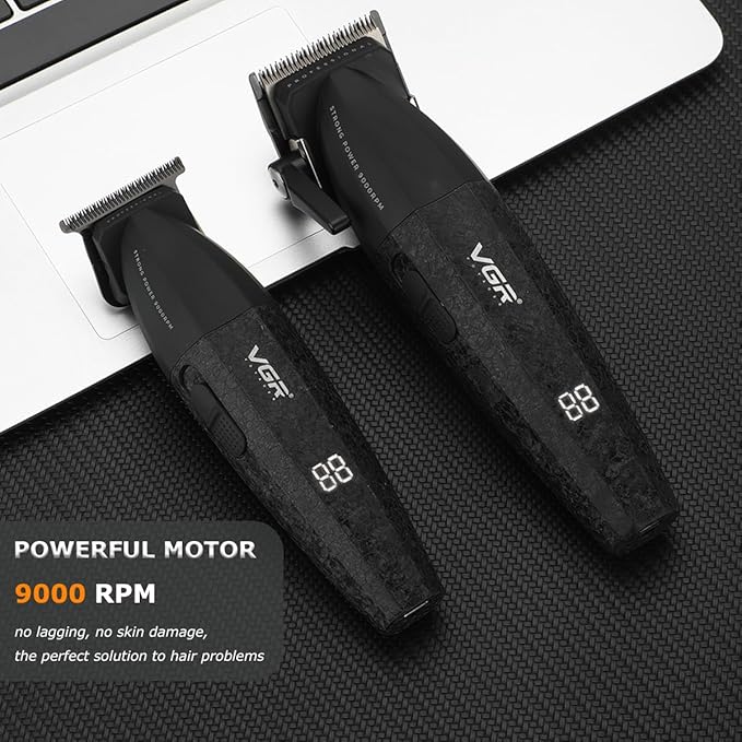 VGR 640 Professional Hair Clippers for Men, 9000RPM Cordless Barber Clippers and Trimmers Set, Zero Gap T-Blade Hair Cutting Kit, DLC Coated Ceramic Blade Barber Kit with LED Display(Black)
