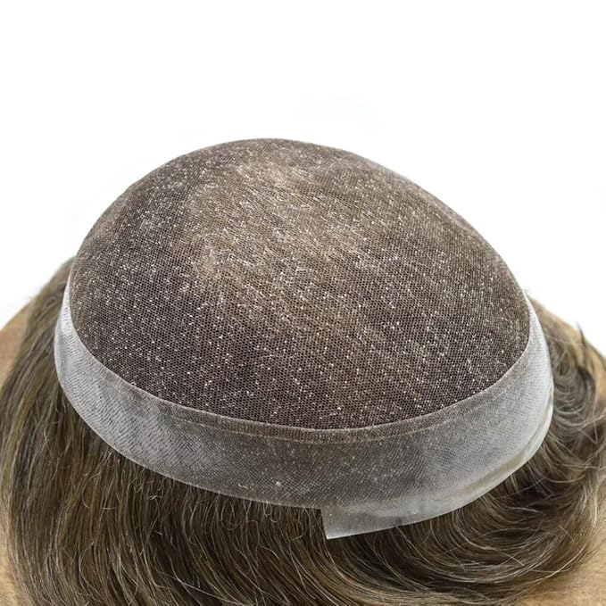 FACE MIRACLE Hair System for Men French Lace Mens Toupee Human Hair Replacement System Lace with PU Toupee for Men Male Hair Piece Wigs 6"X9" #530 5# MEDIUM LIGHT BROWN WITH 30% SYNTHETIC GREY
