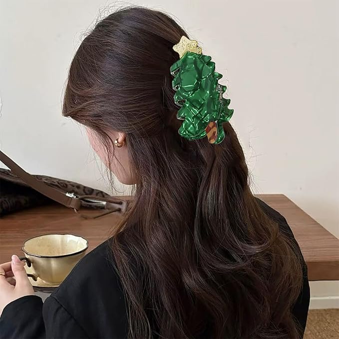 1pc Christmas Tree Hair Clip, Xmas Acetic Acid Claw Clips, Large Hair Claw Clips for Thick/Thin Hair, Cute Green Tree Design Medium Hairpin, Sparkling Hair Accessories for Christmas Decor