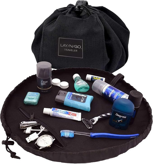 Lay-n-Go Drawstring Toiletry Bag - Water-Resistant 4-In-1 Lay Flat Toiletry Bag - Durable, Easy-To-Clean Travel - For Men & Women - Machine Washable & Compact (20", Black)