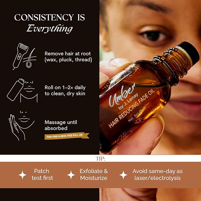 Umber by J. Lenay Hair Reducing Fade Oil – Regular Strength (Not sensitive skin), Minimizes Hair Growth for Face & Body – For Women & Men – 15ml Serum
