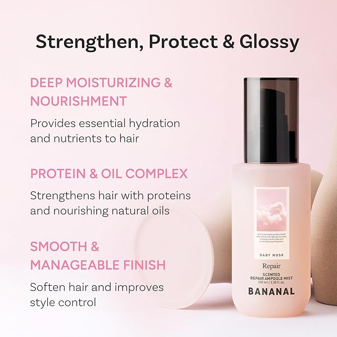 Korean Hair Serum Mist – Argan Oil & Silk Protein Ampoule for Nourishing, Frizz Control & Glass Hair Shine – Baby Musk, 100ml / 3.38 fl oz