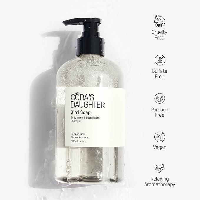 COBA'S DAUGHTER 3in1Soap Bubble Bath | Body Wash, Hand Wash| Cleanse, Nourish & Soften Skin with Inulin & Seaweed Extract | Persian Lime & Coconut Scent(16.9oz)
