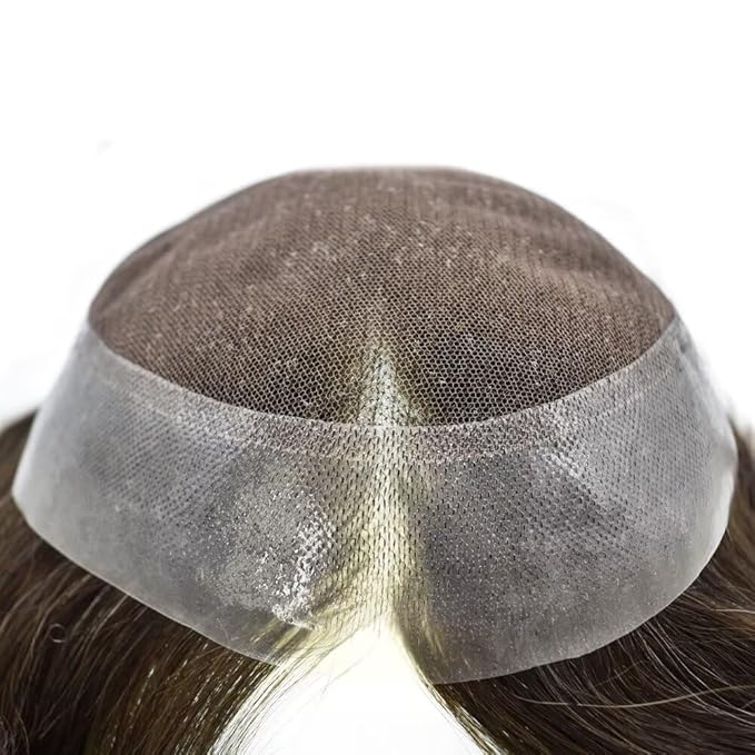 FACE MIRACLE Mens Toupee Lace Front Hairpieces Soft Human Hair Replacement System Natural Hairline Toupee for Men French Lace Poly V-Looped Mens hair Units 7"X9" #310 Dark Brown with 10% Gray