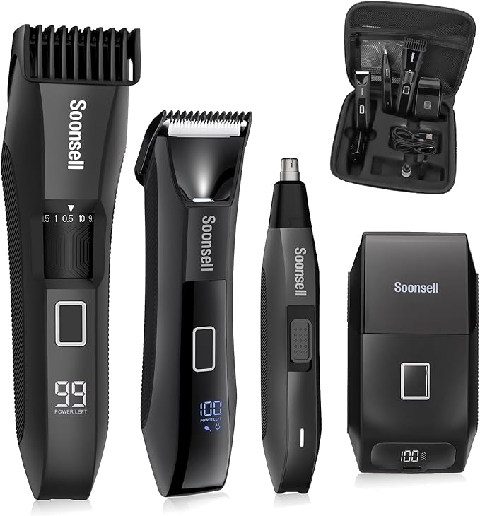 Soonsell Manscape Beard Trimmer for Men,Ball Shaver,Nose Hair Clippers,Electric Razor,Hair Clippers for Men,4 IN1 Men's Grooming Kit,LED Display,Waterproof,Wet/Dry Trimmer