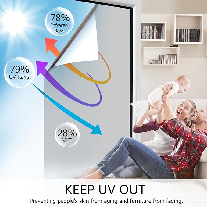 HIDBEA One Way Privacy Window Film, Daytime Privacy Sun Blocking Anti UV Reflective Window Film Heat Control Static Cling Window Tint Film for Home and Office, Silver, 23.6 x 78.7 Inch