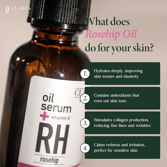 CLARA'S NEW YORK Rosehip Facial Serum with Vitamin E – Hydrating, Lightweight, Smoothing Skin – Made in USA, 30ml (1 Fl Oz)