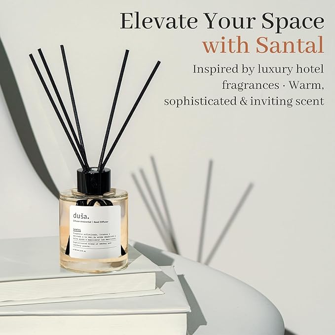 Duša Santal Reed Diffuser & Sticks - 5 Fl Oz Essential Home Fragrance Decor for Bathroom, Office & Living Spaces – Stylish & Long-Lasting Room Air Freshener -Ideal for Housewarming & Special Occasions