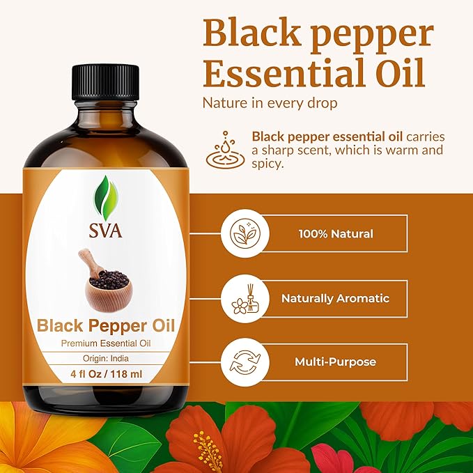 SVA Black Pepper Essential Oil – 4 Fl Oz – 100% Natural Black Pepper Oil - for Diffuser, Hair Care, Face, Skin Care, Aromatherapy, Scalp and Body Massage, Soap and Candle Making – with Dropper
