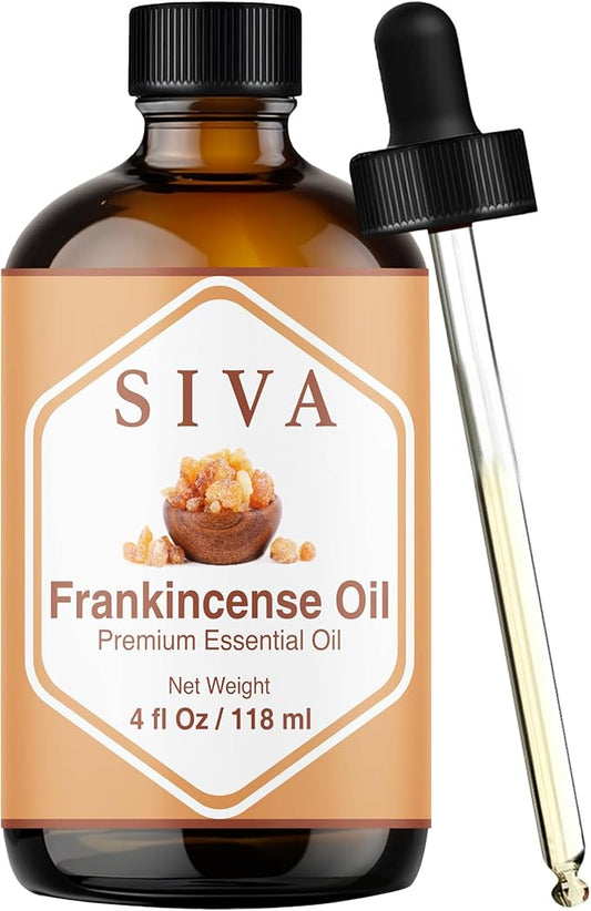 Siva Frankincense Essential Oil - 4 Fl Oz – 100% Natural Boswellia Serrata Oil - for Diffuser, Face, Skin Care, Aromatherapy, Hair Care, Scalp and Body Massage - with Dropper