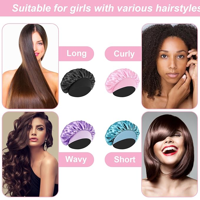 4Pcs Silk Satin Hair Bonnets for Sleeping - Elastic Wide Band Satin Hair Wrap for Sleeping Black Women Men,Silk Bonnets for Curly Hair(Black & Pink & Blue & Purple)
