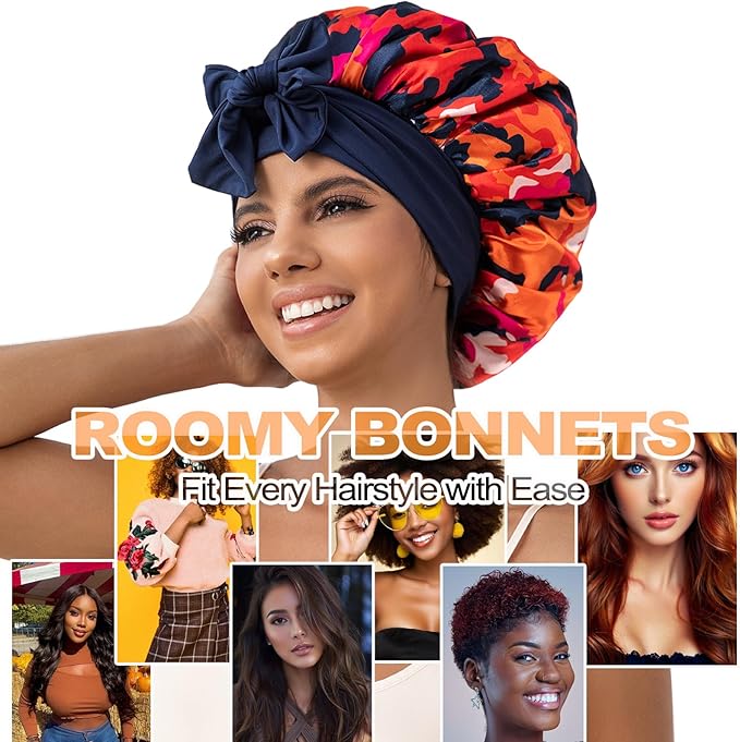 GDTOGRT Satin Silk Bonnet for Sleeping Women - Double Layer Sleep Hair Bonnets Caps for Curly Braid Hair with Tie Band