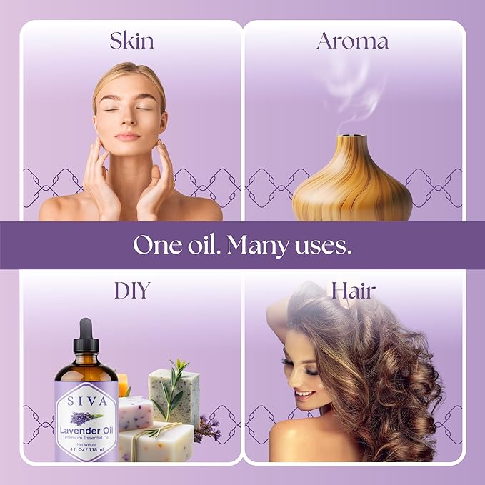 Siva Lavender Essential Oil - 4 Fl Oz – 100% Natural Lavender Oil - for Diffuser, Face, Skin Care, Aromatherapy, Hair Care, Scalp and Body Massage - with Dropper
