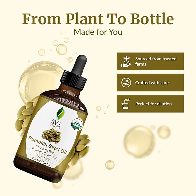 SVA Pumpkin Seed Oil Organic - 2 Fl Oz – 100% Natural Cold Pressed Pumpkin Seed Oil - for Face, Skin Care, Hair Care, Scalp Massage & Body Massage - with Dropper