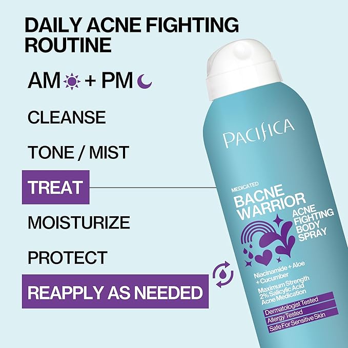Pacifica Bacne Warrior - Bacne Salicylic Acid Spray, Back Acne Treatment Spray with 2% Salicylic Acid, Niacinamide, and Aloe, Body Acne Warrior for Body, Chest, and Back, Dermatologist Tested- 6 Fl Oz