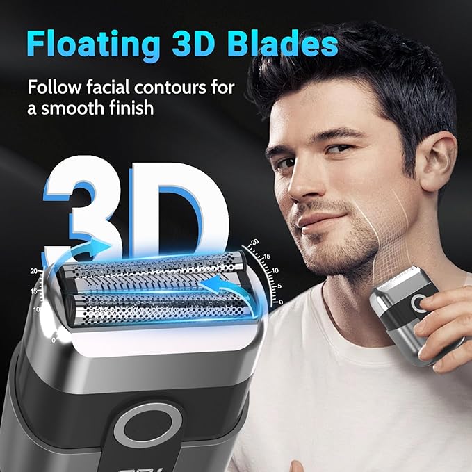 Electric Foil Shavers for Men: Mini Electric Razor, Foil Shaver for Face, IPX7 Waterproof Wet Dry Cordless Razor with 3 Floating Blades, LED Display for Travel & Home, USB Type C