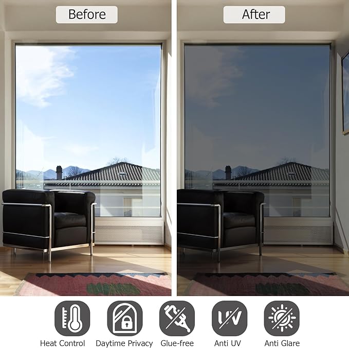 HIDBEA One Way Window Film, Daytime Privacy Sun Blocking Reflective Window Film No Glue Static Cling Heat Control Window Tinting Film for Home and Office, Black Silver, 35.4 x 196.8 Inch