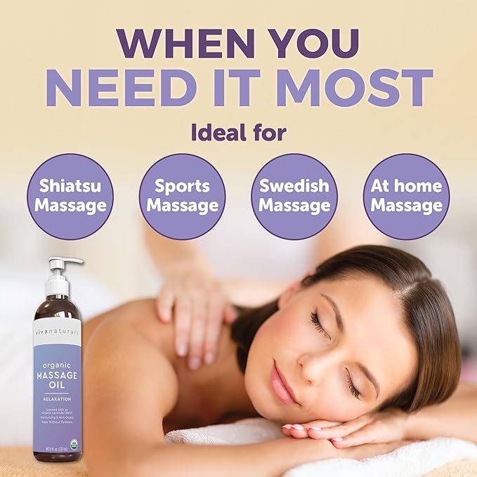 Viva Naturals Organic Massage Oil, Lavender Scented, 8 fl oz (237 mL) – Non-Greasy, Certified Organic Massage Therapy Oils